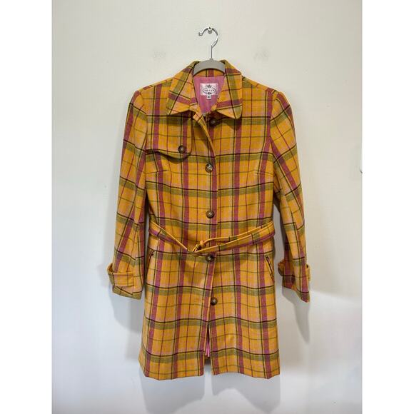 Tocca vintage wool coat womens size 8 yellow plaid button front belt - Picture 1 of 14